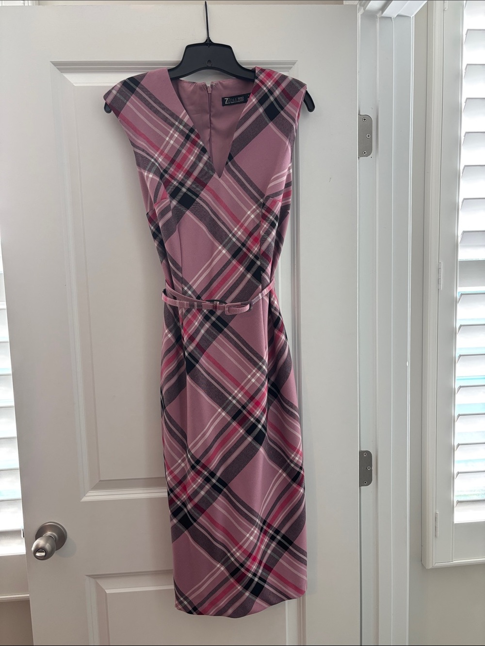 New York & Company Pink Plaid Midi Sheath Dress with Belt